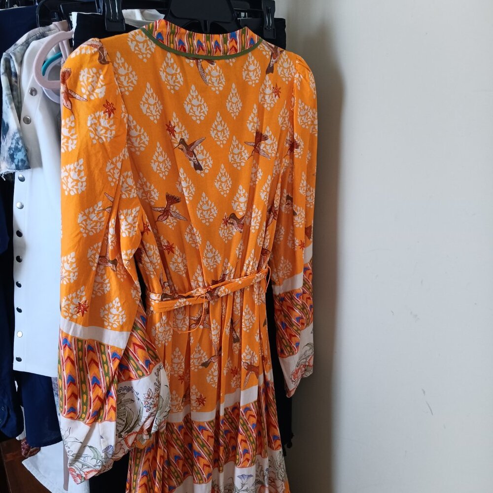 NWT Birds Flowers Alligators Cotton Maxi Sunflower Yellow Long Sleeve Dress - Picture 7 of 15